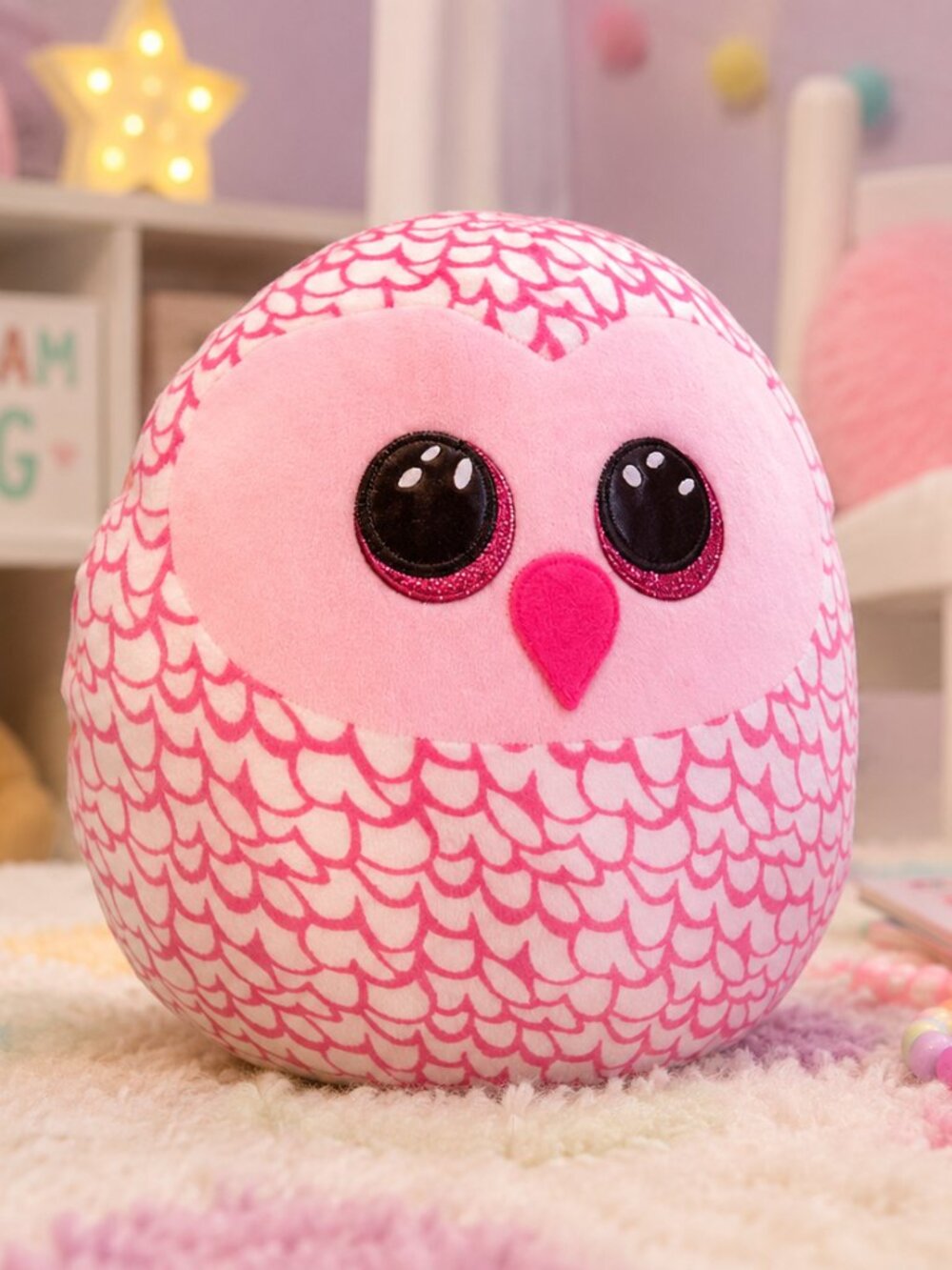 Ty Pinky Owl Plush Squish-a-Boos Pink White Stuffed Toy Big Glitter Eyes